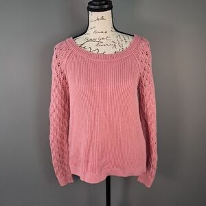 LOFT Coral Pink Cable Knit Sweater Back Button Up Details Size Small